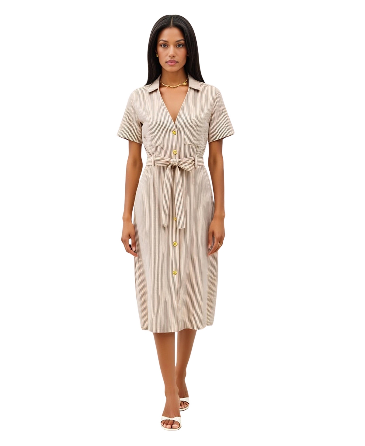Women's Striped Collared Waist Tie Button-Down Midi Dress - Beige/khaki