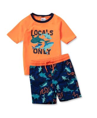 Lands End Toddler Girls Chlorine Resistant Short Sleeve Rashguard Swim Set - Neon orange squiggle sharks 45$