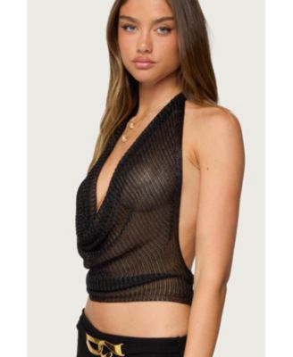 Women's Shiny Knit Cowl Neck Backless Top