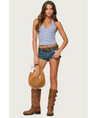 Womens Evan Gingham Button Up Halter Top