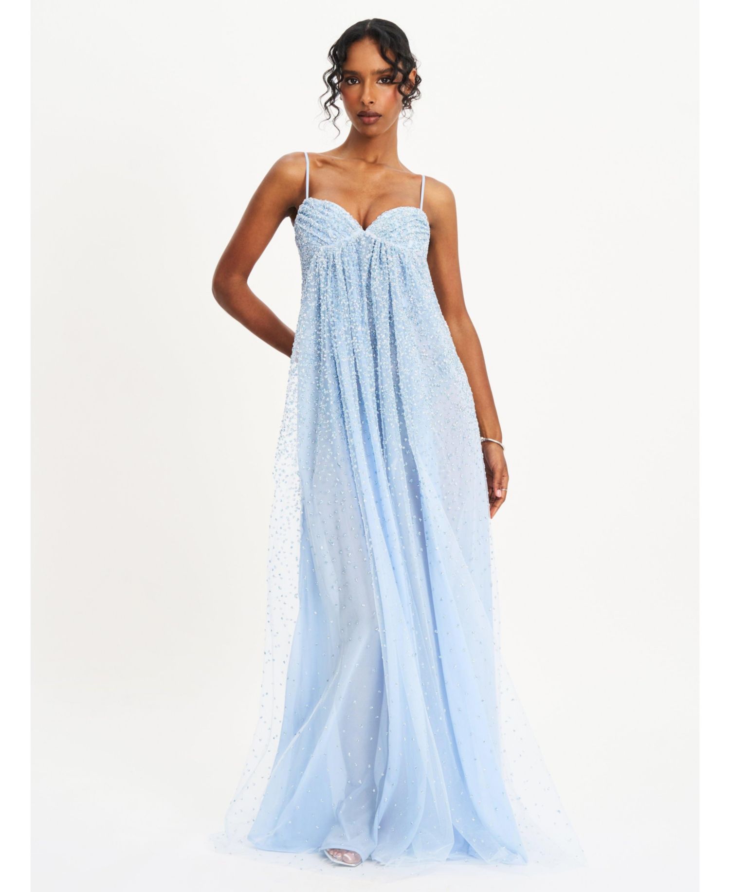 Women's Wallie Baby Blue Rhinestone Embellished Mesh Backless Gown