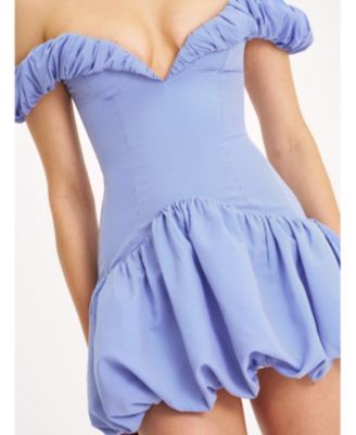 Women Sablee Checkered Puffy Off Shoulder Trim Bubble Hem Mini Dress