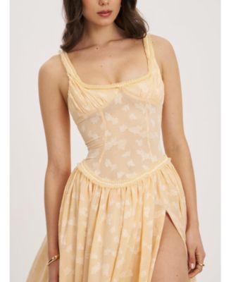 Women's Ulissa Orange Square Neck Jacquard Textured High Slit Maxi Dress