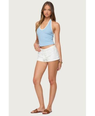 Women's Contrast Ribbed V Neck Halter Top