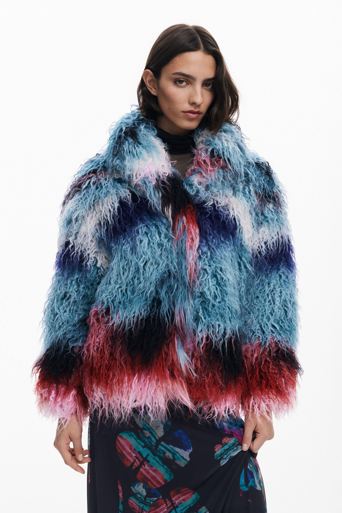 Desigual Faux Fur Jacket In Blue