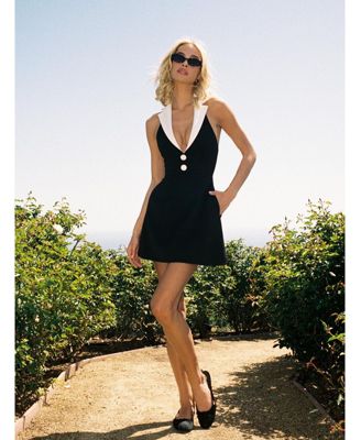 Women Ignacia Office Casual Black and White Halter Mini A-line Dress