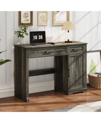 Vanity desk with mirror and storage drawers.