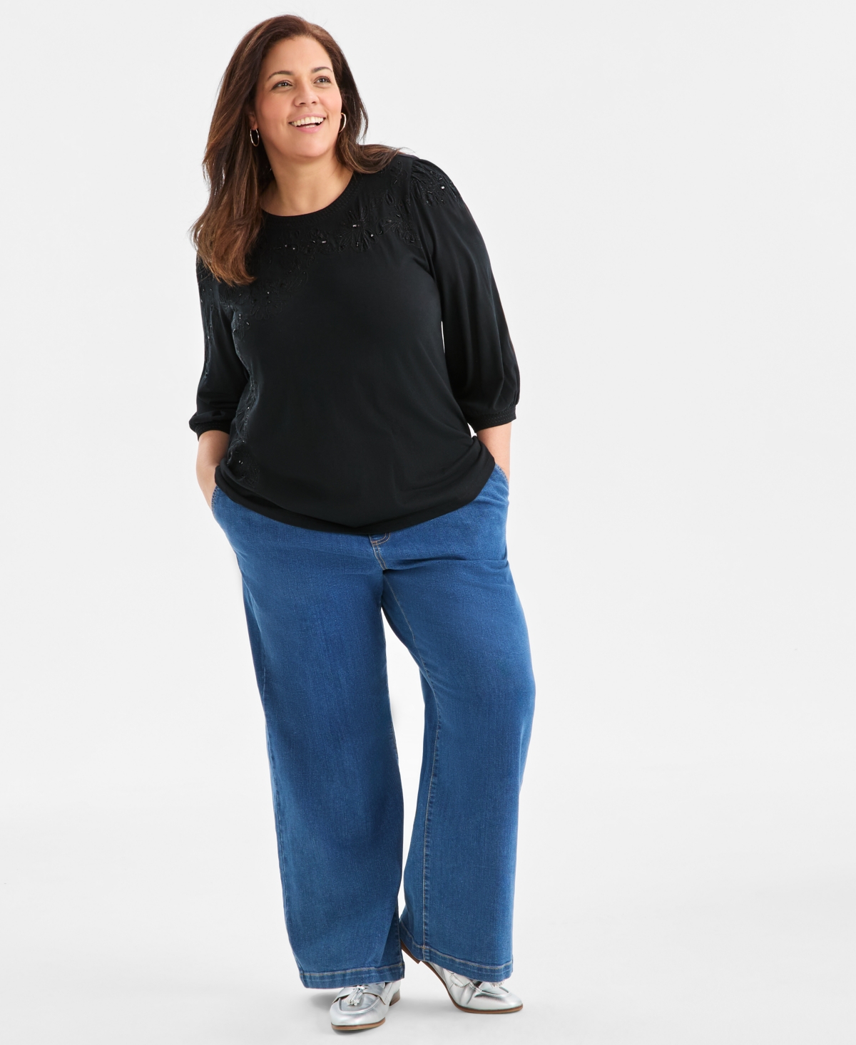 Style & Co Plus Size Embellished Floral Crewneck Top, Macy's Exclusive In Black