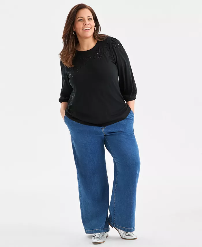 Plus Size Floral Embroidery Shine Knit Top - thumbnail 6