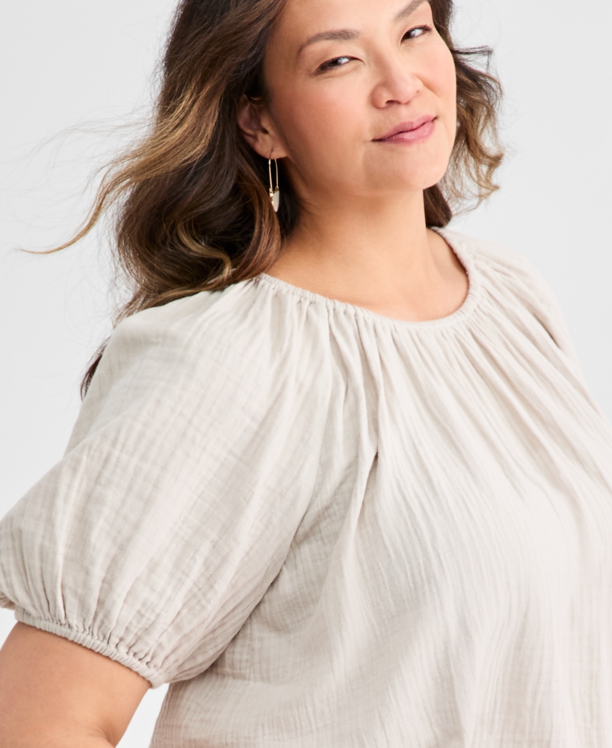 Style & Co Plus Size Cotton Puff-Sleeve Bubble Top, Macy's Exclusive