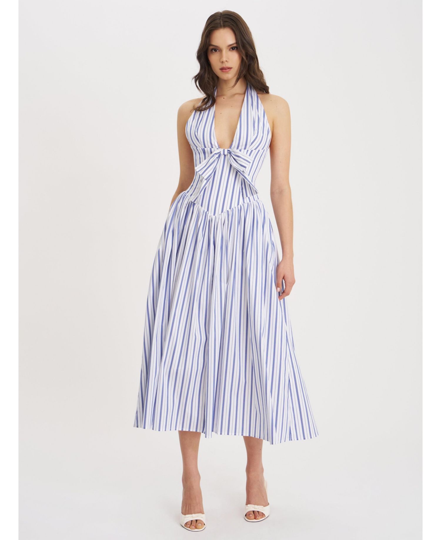 Women's Mackenna Navy Stripe Halter Smock Back Maxi Dress