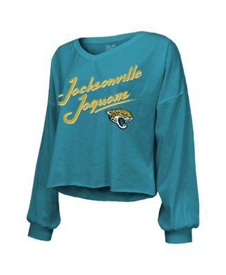 Women's Travis Hunter Teal Jacksonville Jaguars 2025 NFL Draft First Round Pick Off-Shoulder Script Name Number V-Neck T-Shirt