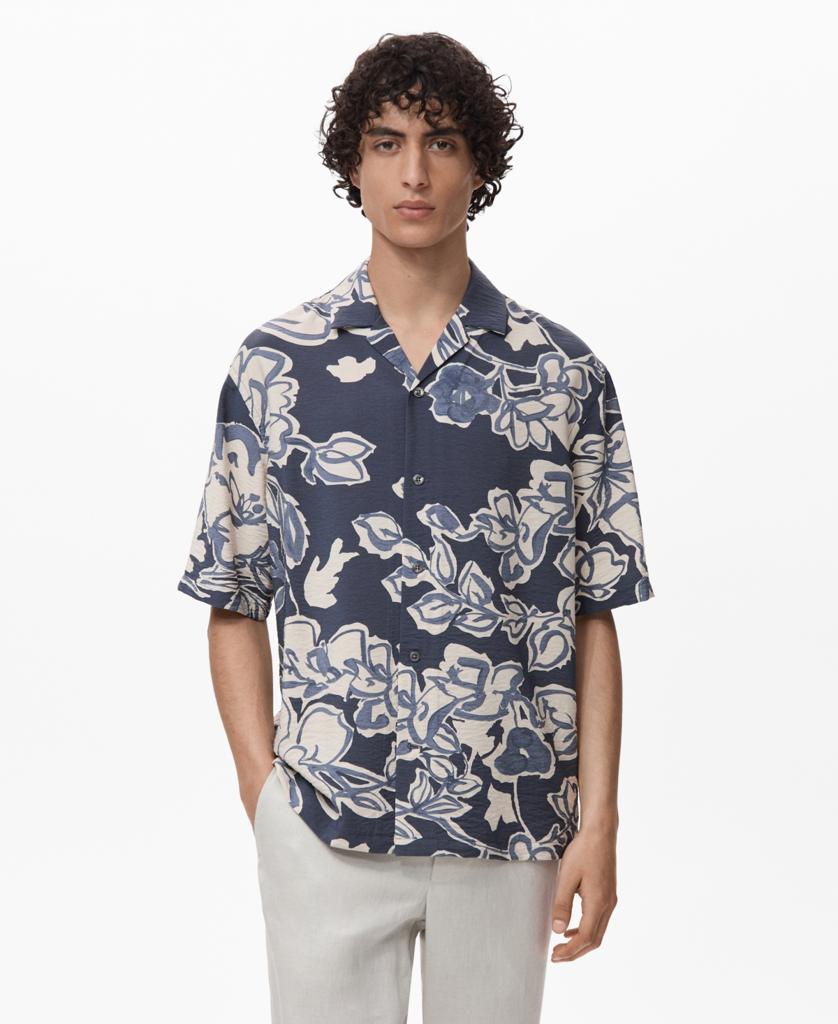 Men's Wrinkled-Effect Floral Shirt - Navy