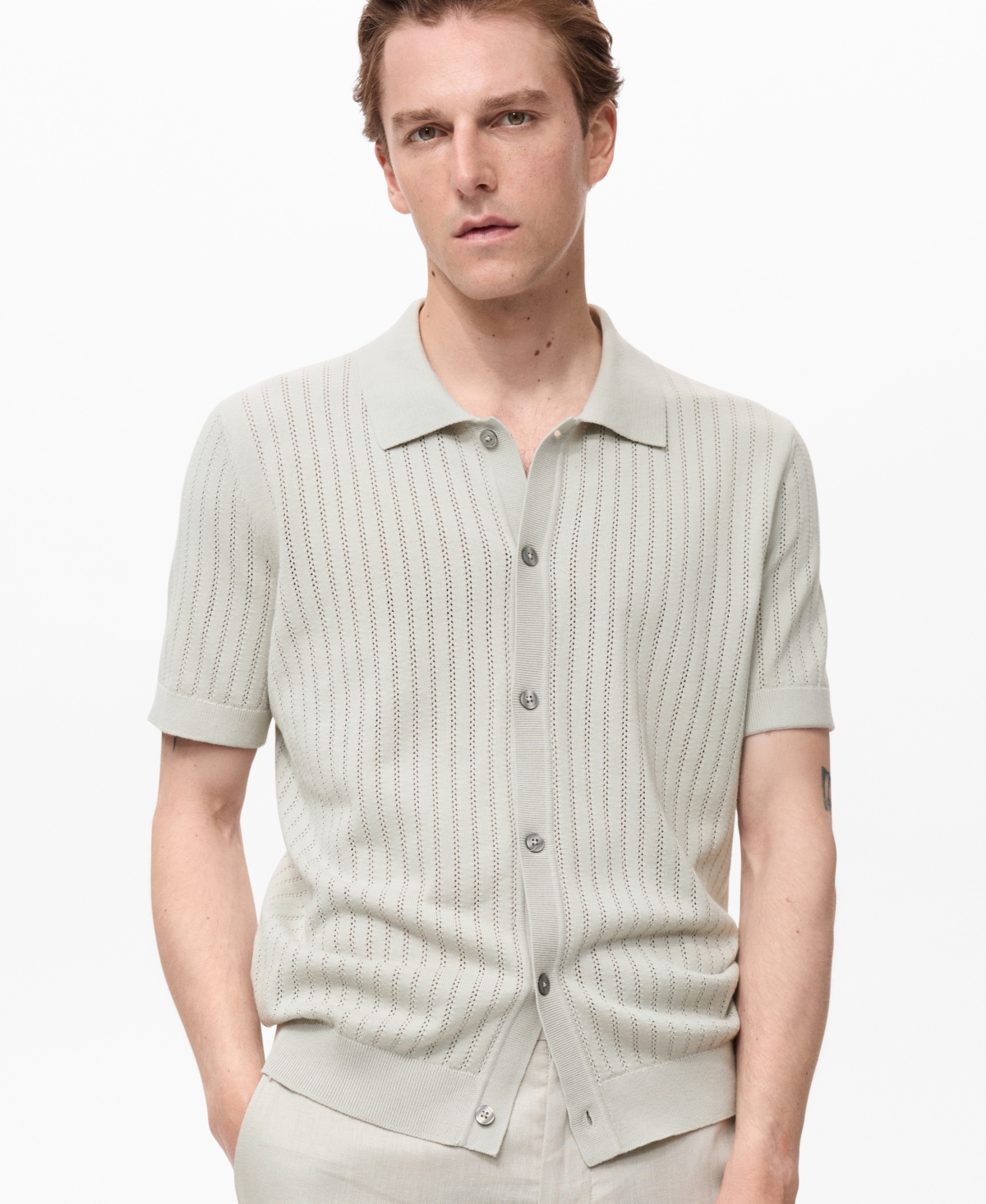 Men's Openwork Detail Cotton Shirt - Green
