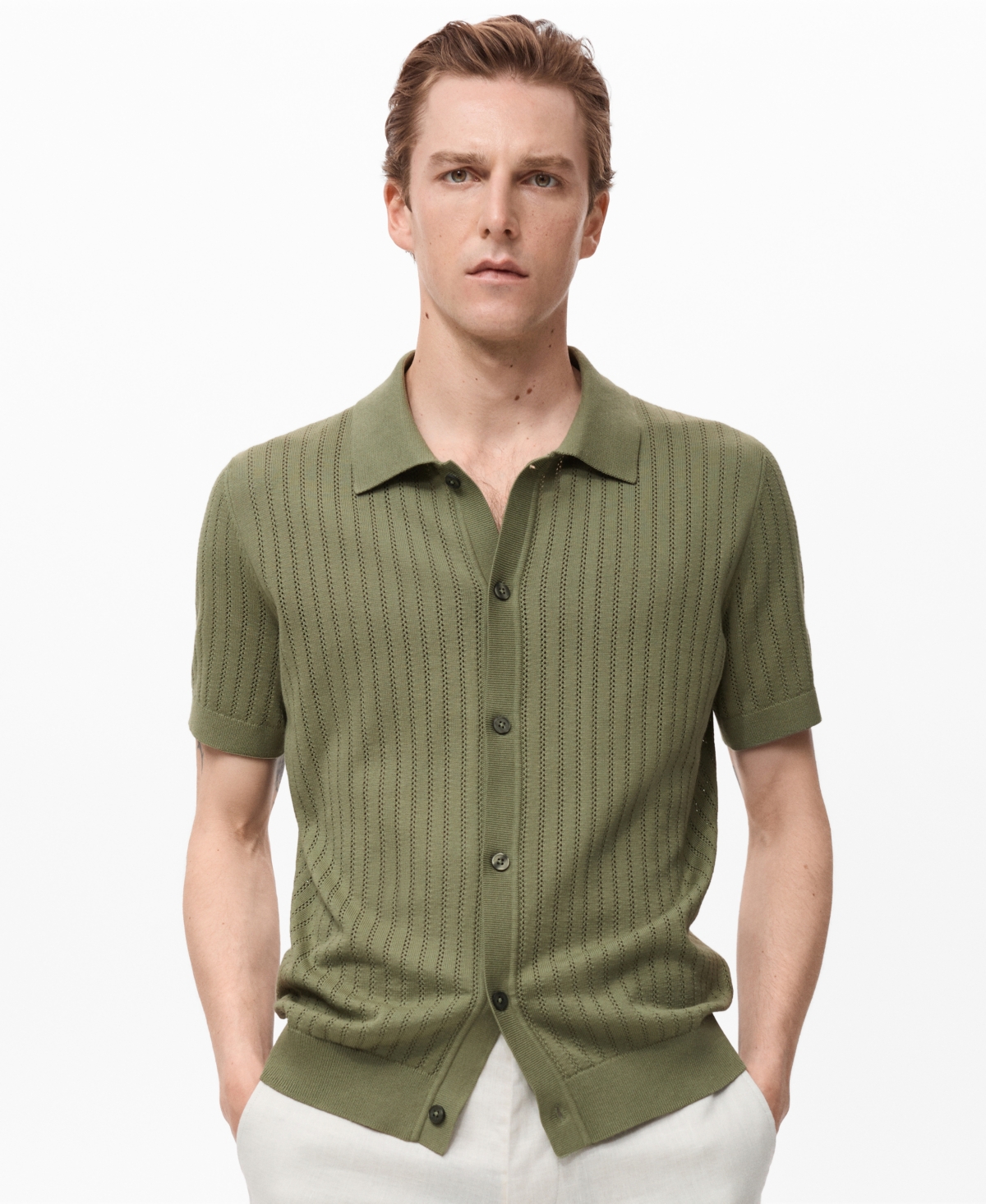 Men's Openwork Detail Cotton Shirt - Green