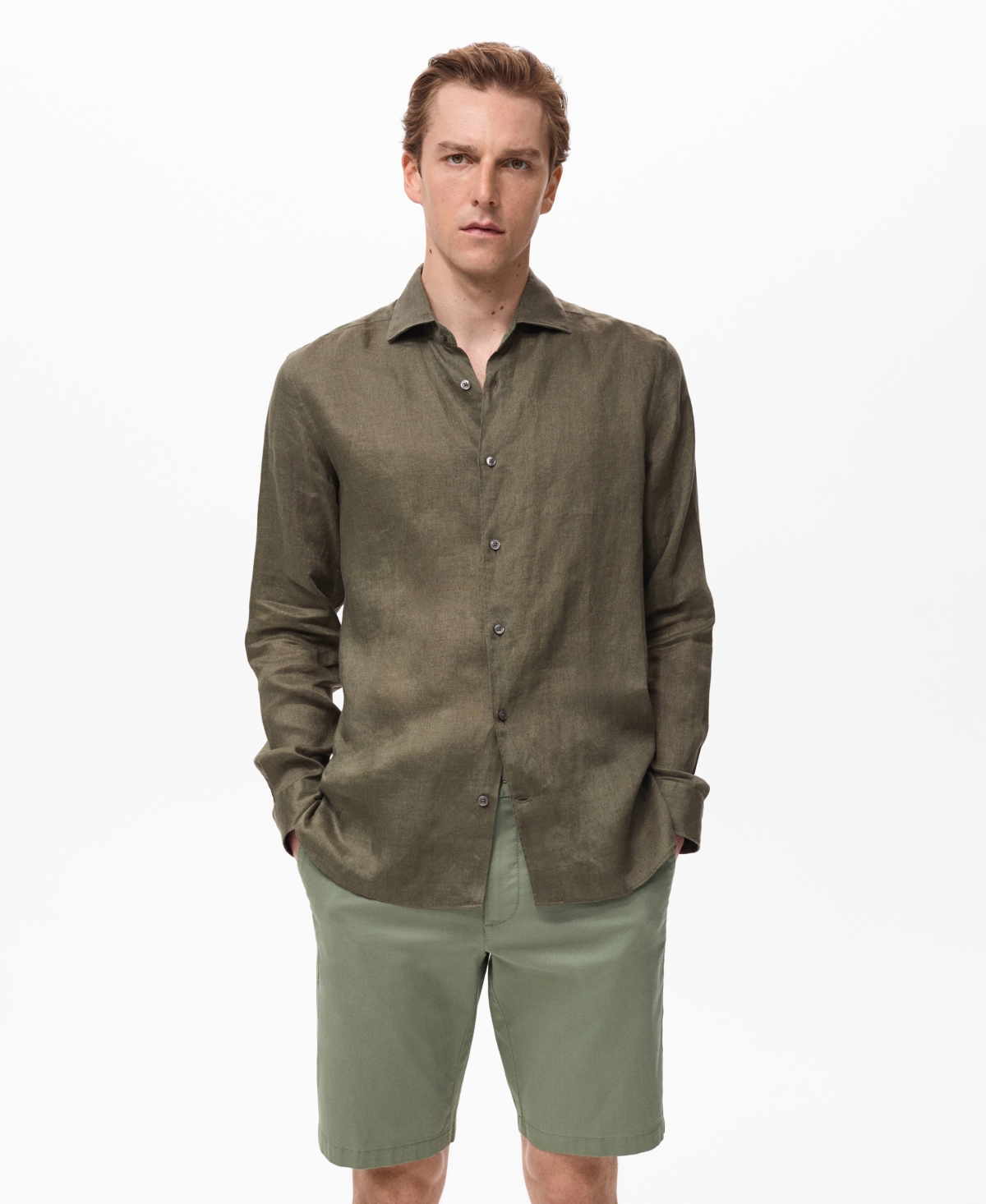 Mango Slim Fit Linen Button-up Shirt In Brown