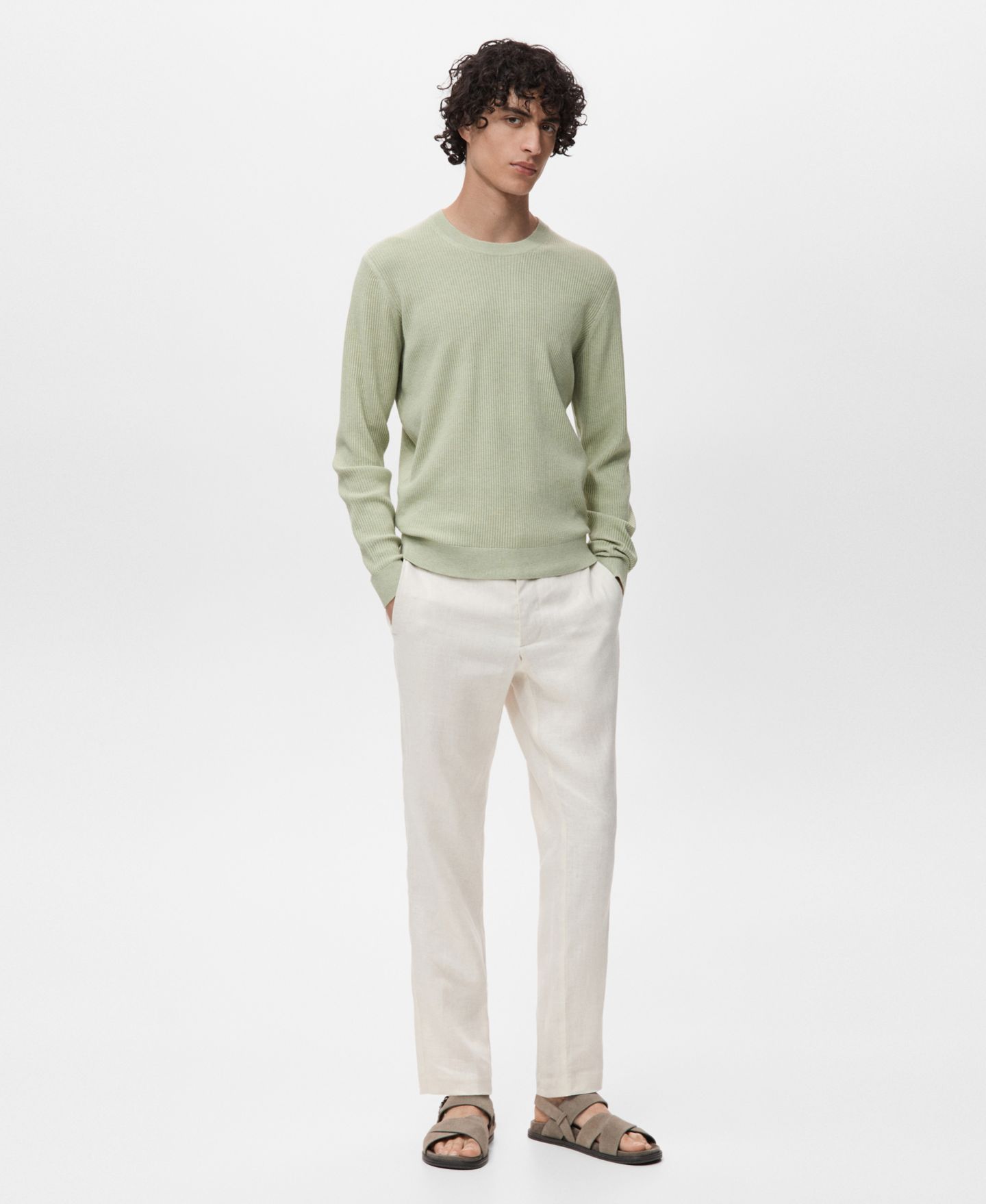 Мужской свитер MANGO Fine Rib-Knit Cotton, цвет: Зелёный — фото 2