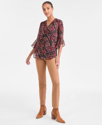 Women's V-Neck 3/4 Flutter Sleeve Top