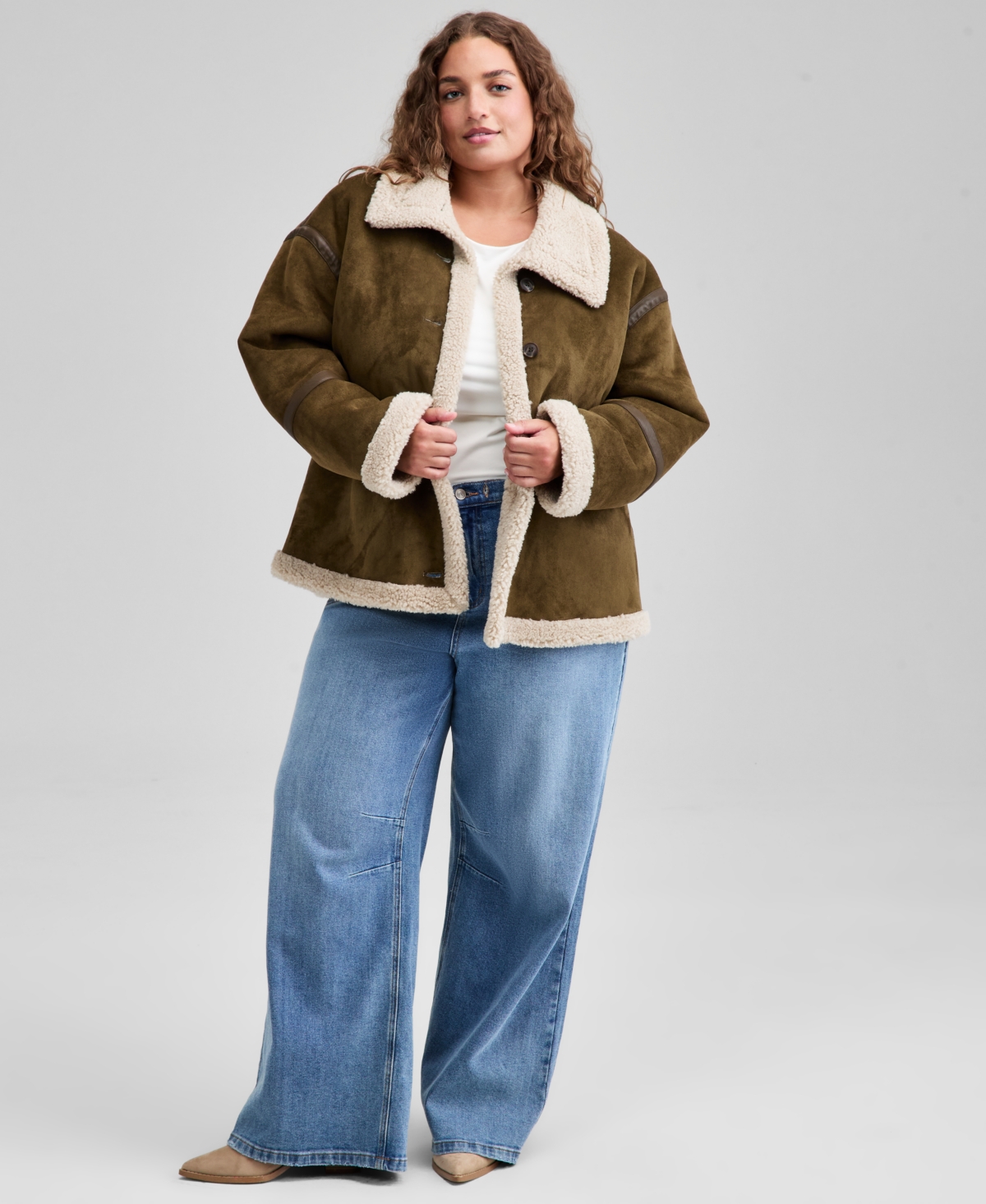 And Now This Trendy Plus Size Faux Suede Sherpa Jacket, Macy's Exclusive In Green