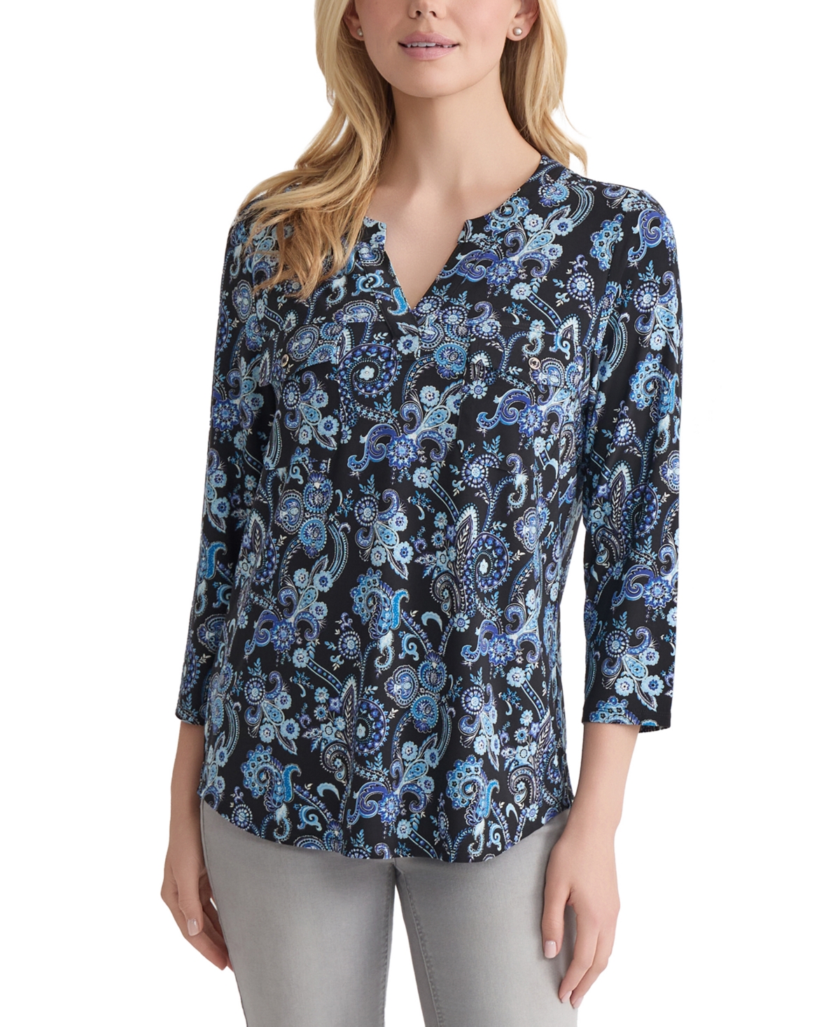 Jones New York Petite Paisley-print Utility Blouse In Blue