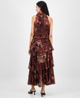 Women's Tie-Neck Blouson Tiered Maxi Dress