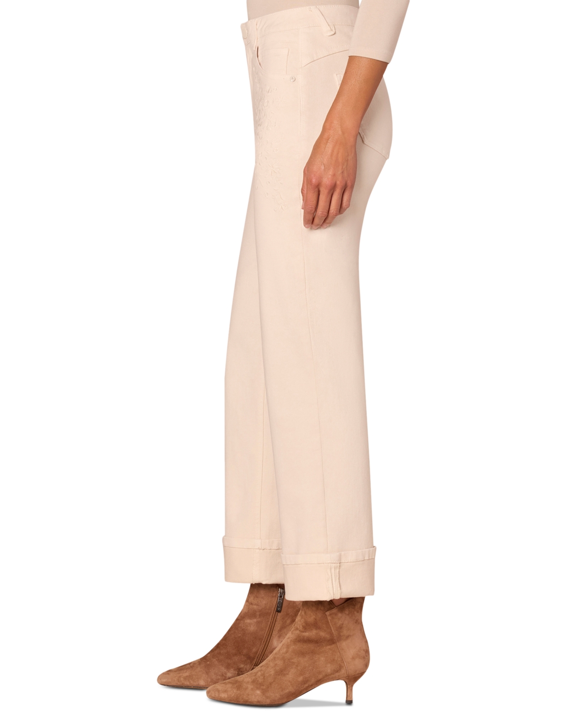 Democracy Petite "ab"solution Embroidered High-rise Round Up Boyfriend Jeans In Neutral
