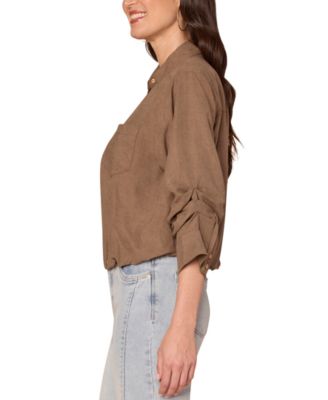 Petite Ruched-Sleeve Bubble-Hem Shirt 