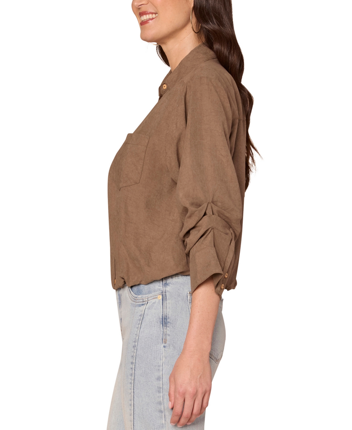 Democracy Petite Ruched-sleeve Bubble-hem Shirt In Brown