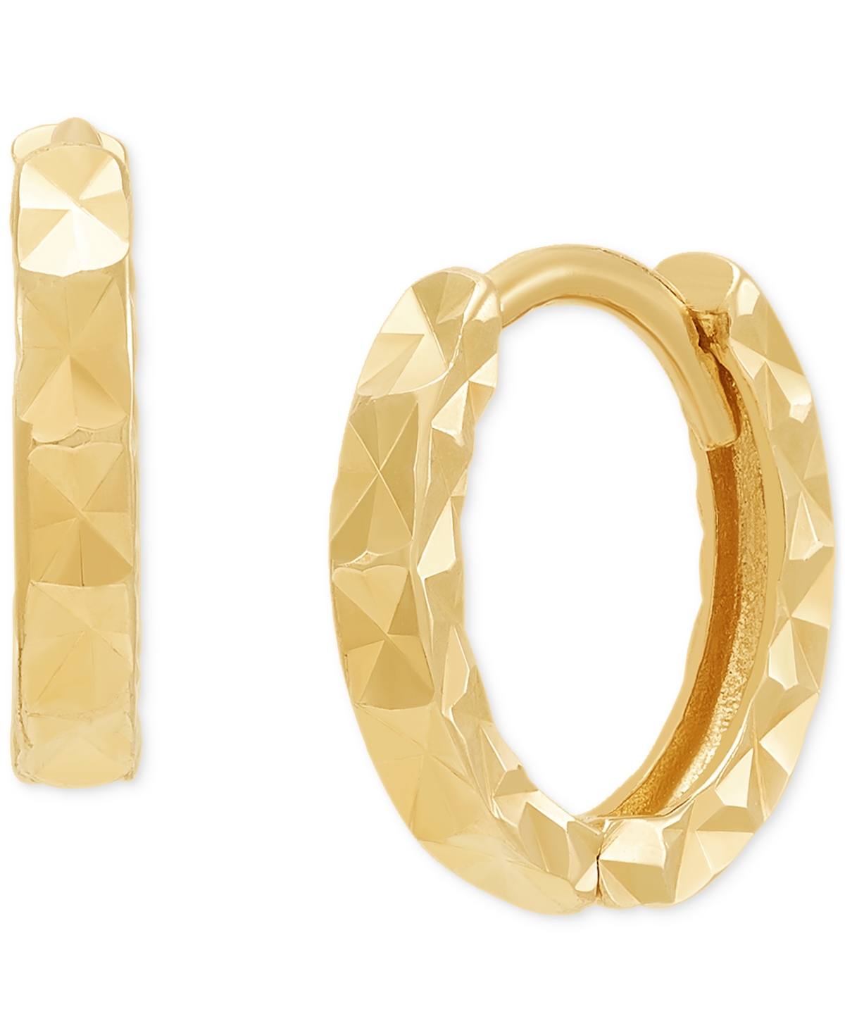 Faceted Texture Huggie Extra Small Hoop Earrings in 14k Gold, 0.37" - 14K Yellow Gold