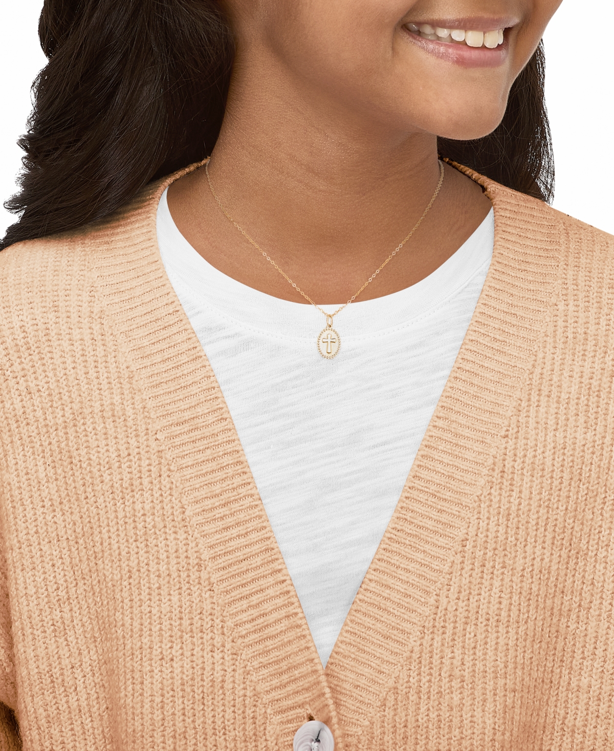 Macy's Polished Oval Cross Beaded Medallion 15" Pendant Necklace In 14k Gold In Gold