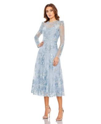 MAC DUGGAL イリュージョンハイネックミディドレス Mac Duggal Women's Beaded Illusion High Neck Long Sleeve A