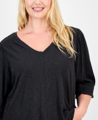 Trendy Plus Elbow-Sleeve Smocked-Cuff Blouse