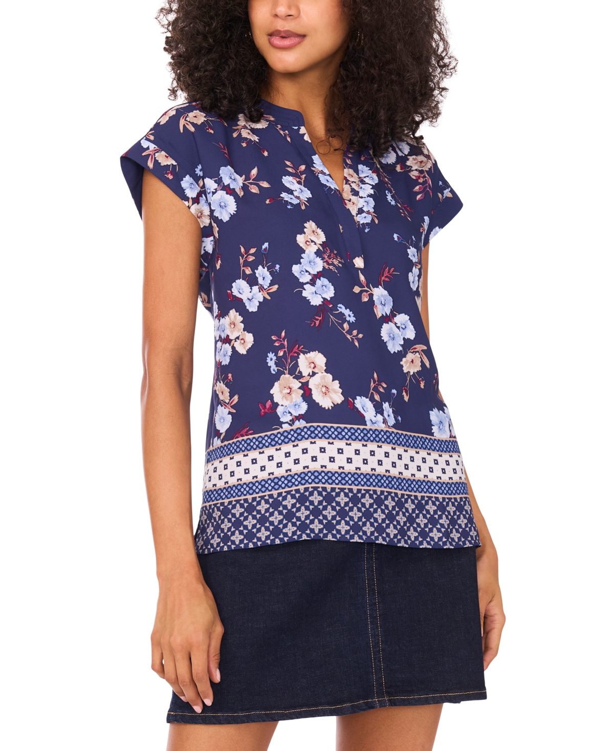 Women's Mixed-Print Split-Neck Blouse - Deep Sky