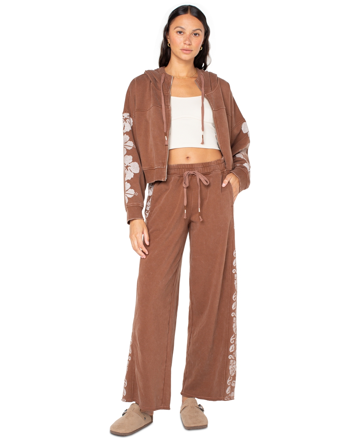 Roxy Juniors' Fringing Reefs Graphic Wide-leg Sweatpants In Brown
