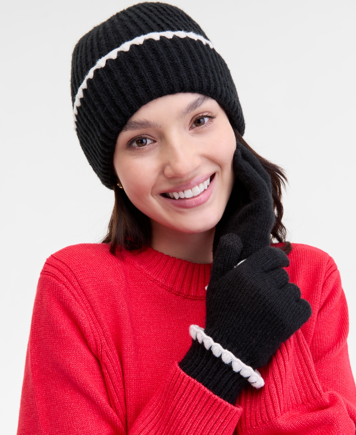 On 34th Ribbed Beanie & Gloves Boxed Set, Macy's Exclusive In Black