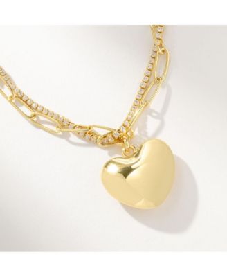 14k Gold-Plated Cubic Zirconia Intertwined Chain and Heart Necklace, 18" + 2" extender
