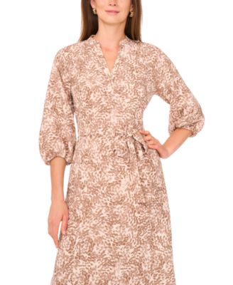 Women's Printed Split-Neck Belted Midi Dress