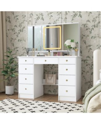 Pink Modern Makeup Vanity Desk 9-Drawers Wood Dressing Table with 3 Mirrors, Hidden Storage Shelves, LED Lighted Lights