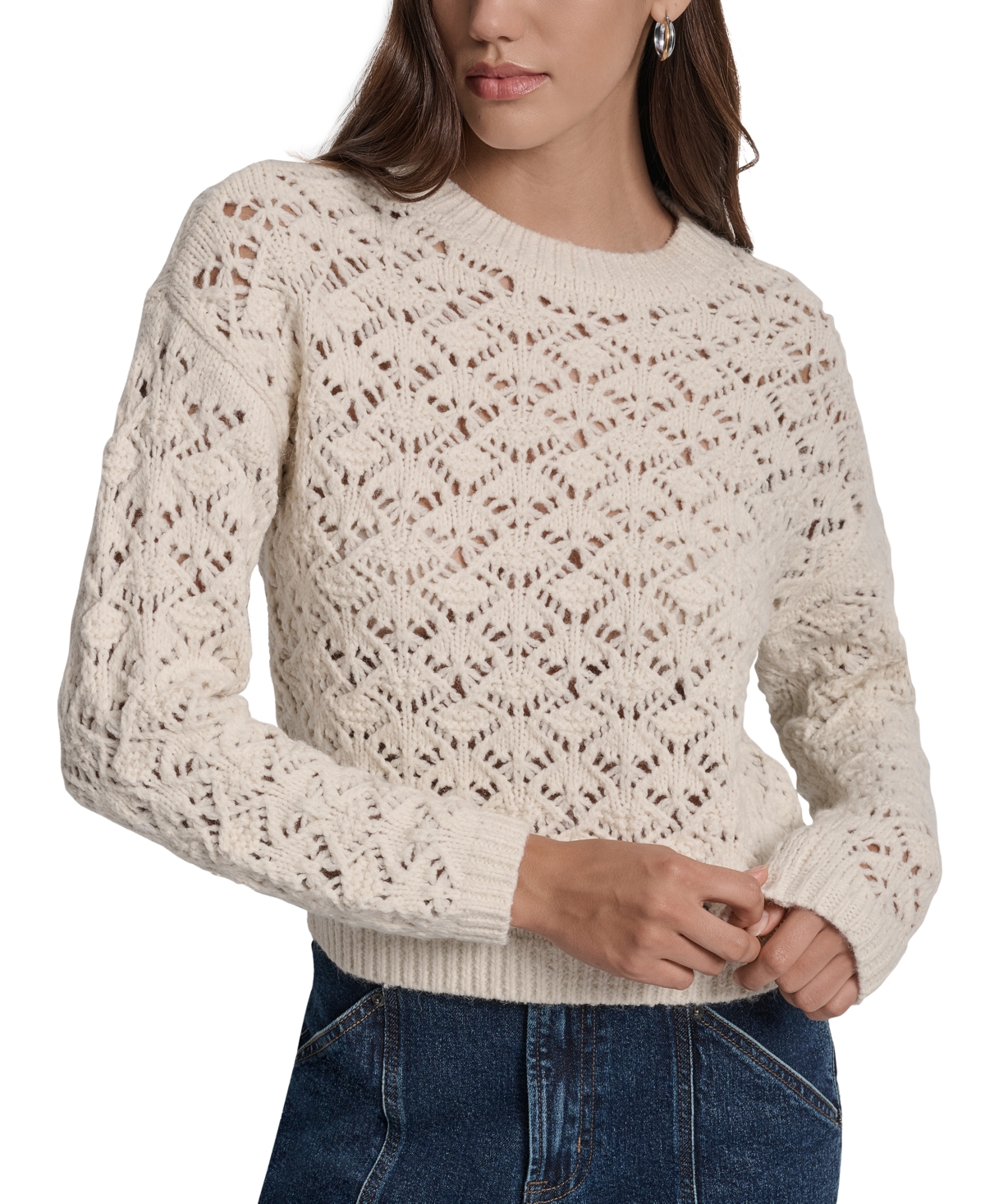 Dkny Jeans Petite Pointelle Crewneck Sweater In Neutral
