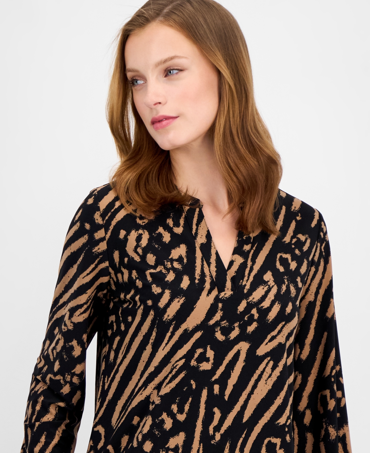 Ak Anne Klein Petite Split-neck Animal-print Top In Brown