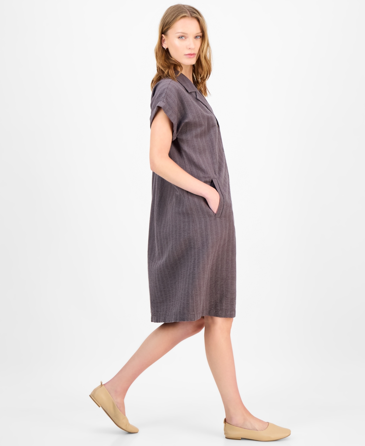 Eileen Fisher Women's Striped Notched-collar Shirtdress In Brown