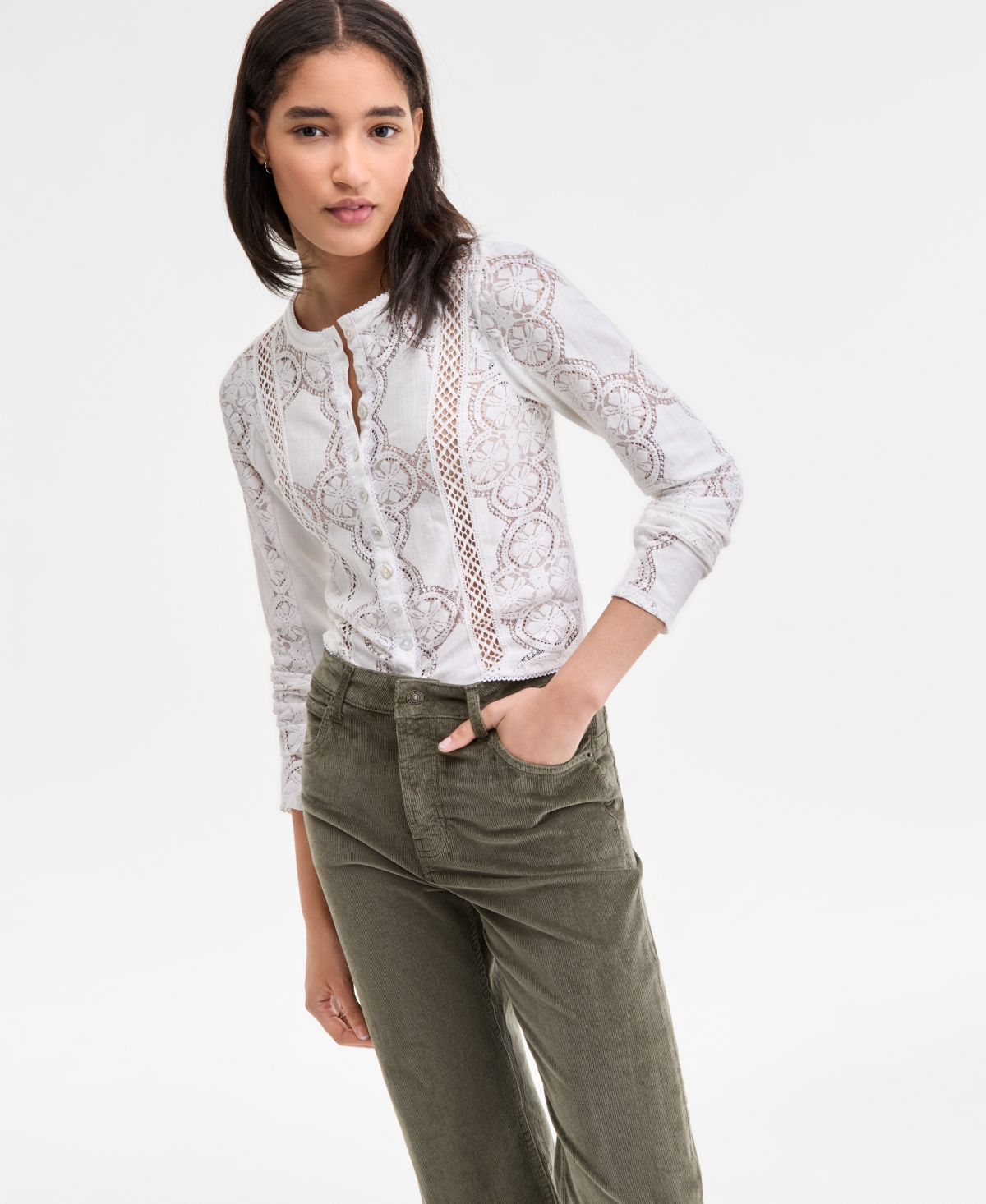Free People Women's Button-Front Long Sleeve Lace Top