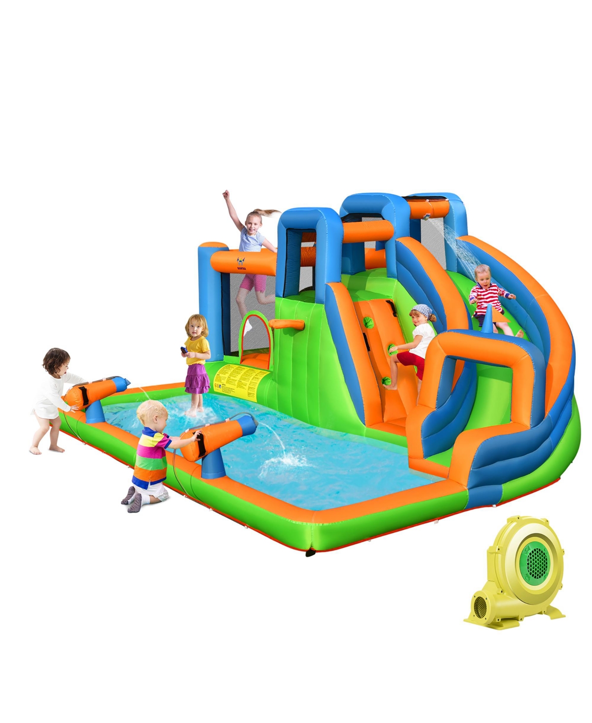 Inflatable Water Slide Giant Bounce Castle w/ Dual Climbing Walls & 735W Blower - Blue