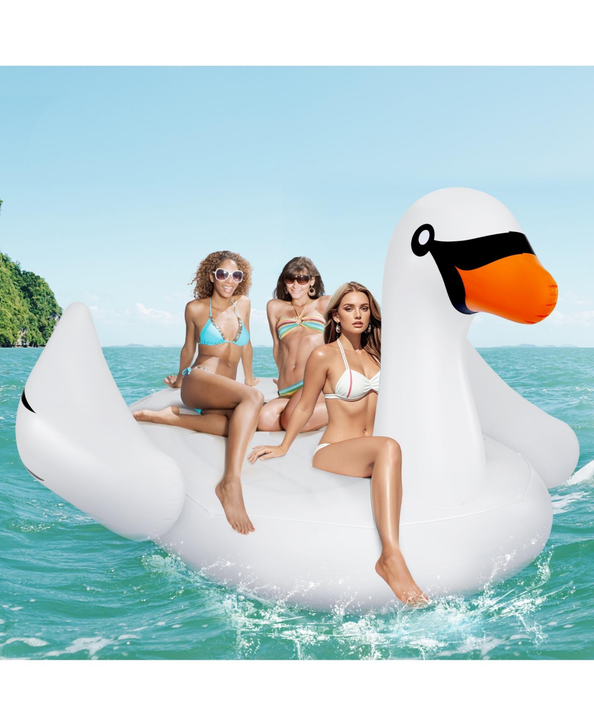 Giant Inflatable Swan Floating Island 4-Person Pool Float with 4 Cups Holders - White