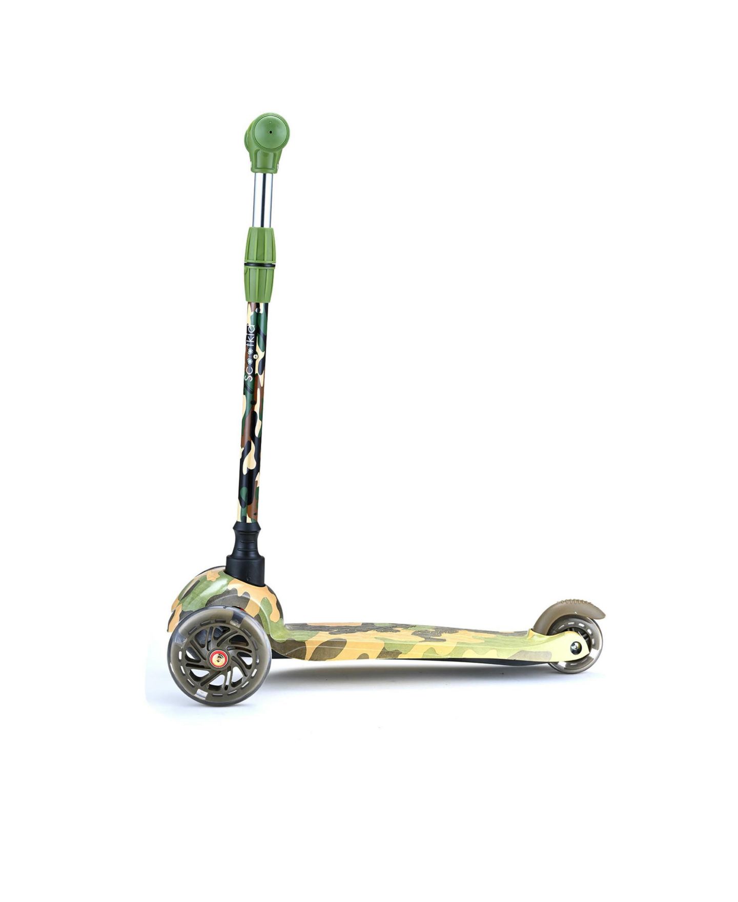 Детская игрушка Hurtle Lightweight 3-Wheel Mini Kickboard Scooter with LED Light Wheel and Adjustable Handlebar, от 3 лет, цвет: Бежевый / Хаки — фото 3