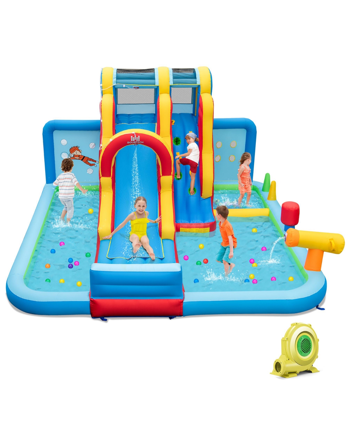 Inflatable Water Slide with Long Slide Climbing Wall Splash Pools with 735W Blower - Blue
