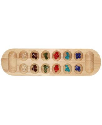 Mancala Board Game - 22 in., Solid Natural Wood Board and Glass Stones