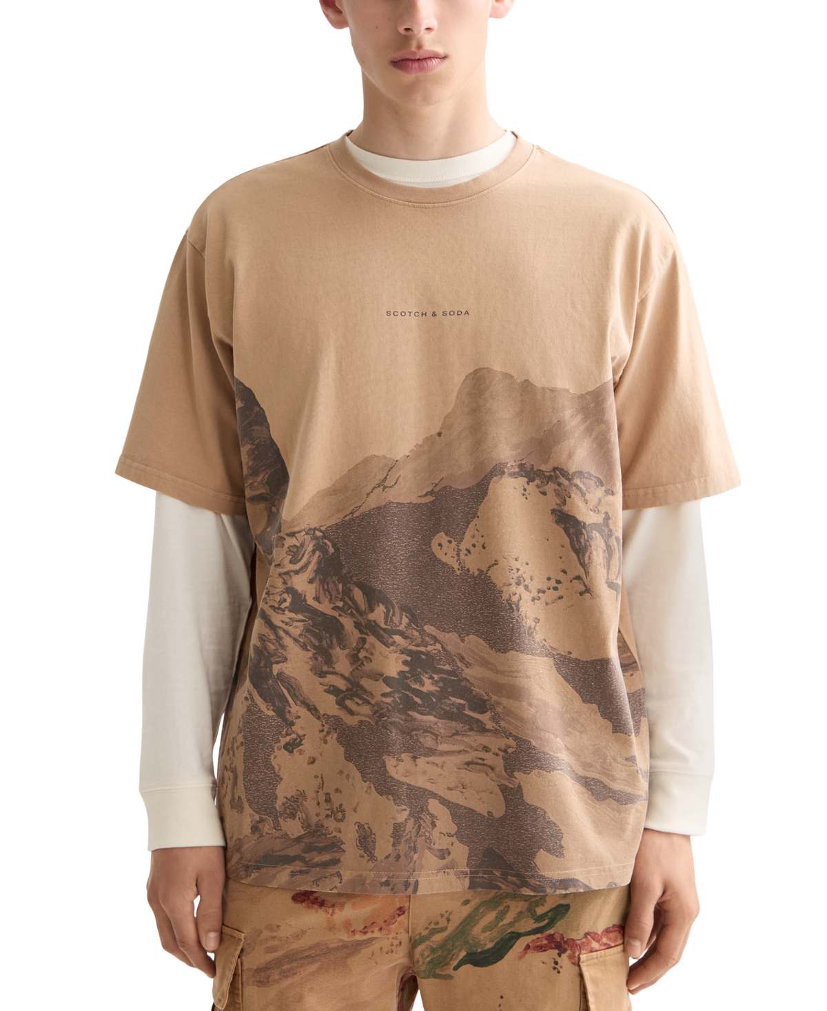 Scotch & Soda Loose Fit Mountain Print Overdye Cotton T-shirt In Brown
