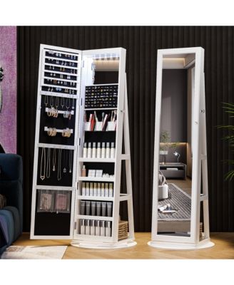 Rotatable full-length jewelry mirror cabinet with compartments and built-in LED lights.