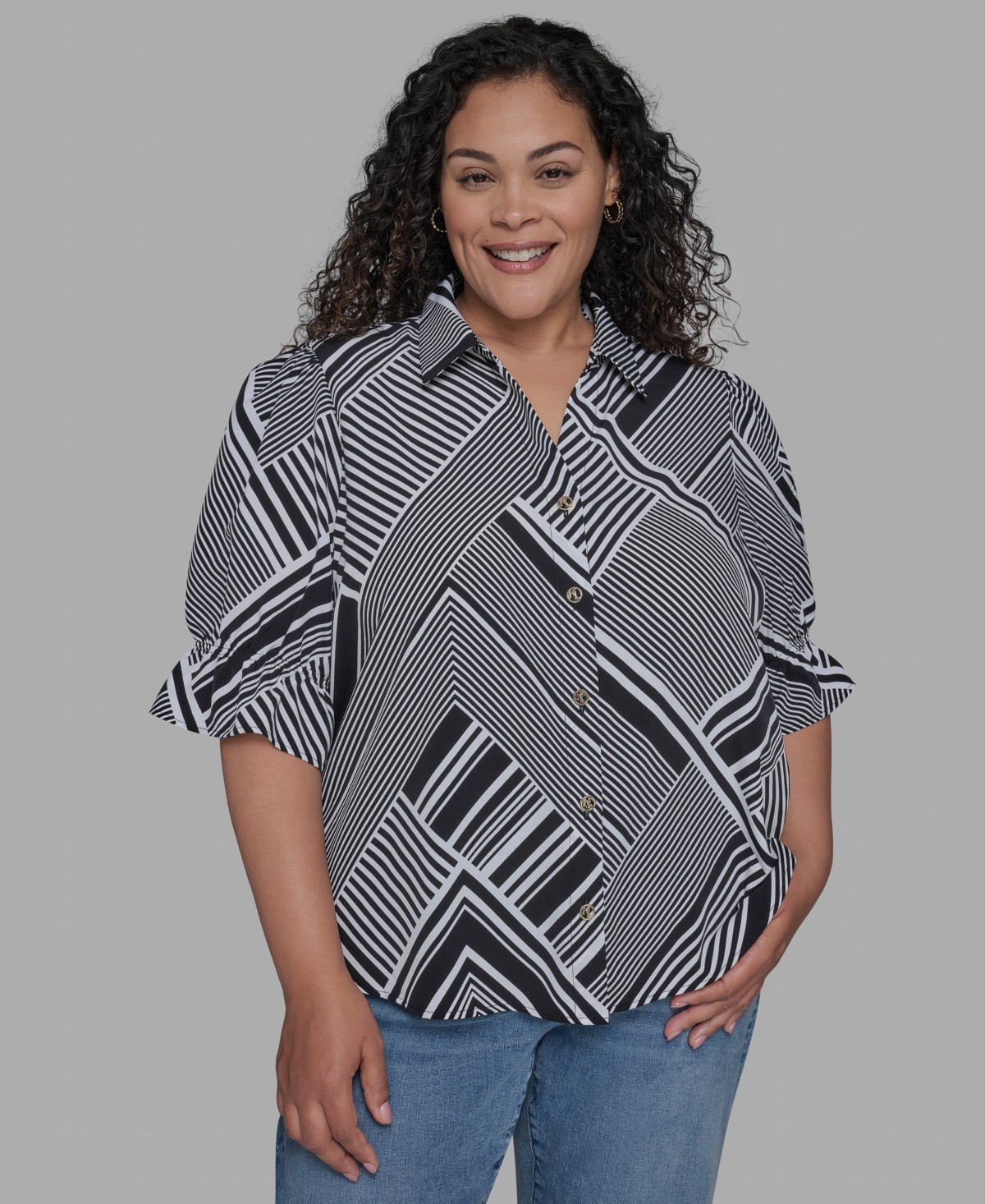 Karl Lagerfeld Plus Size Geo-print Puff-sleeve Shirt In Gray